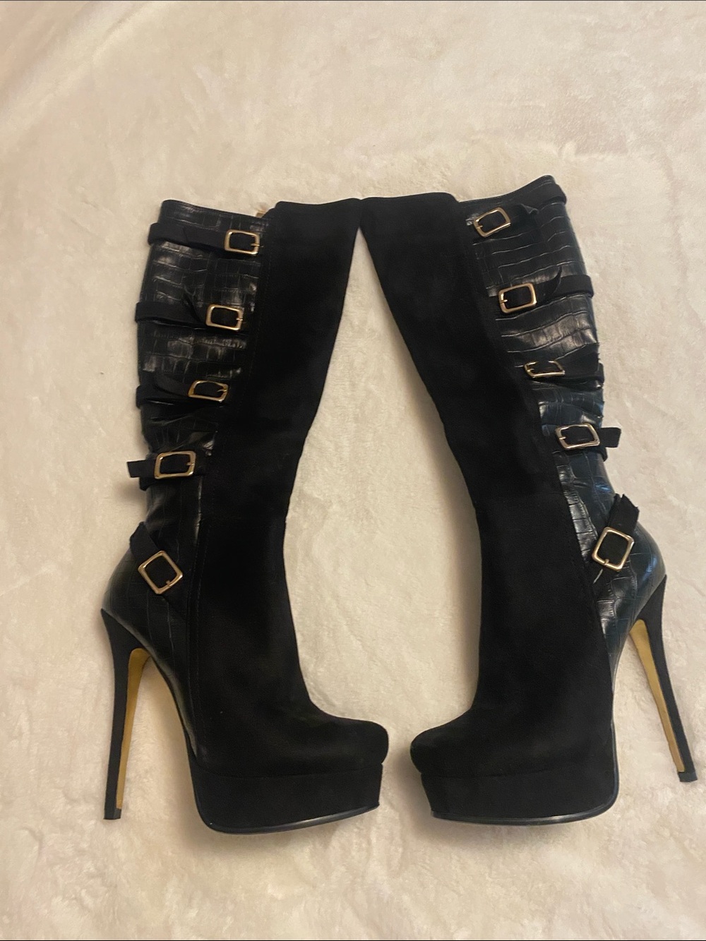 bebe Black Suede Over-the-Knee Platform Boots with Gold Buckles